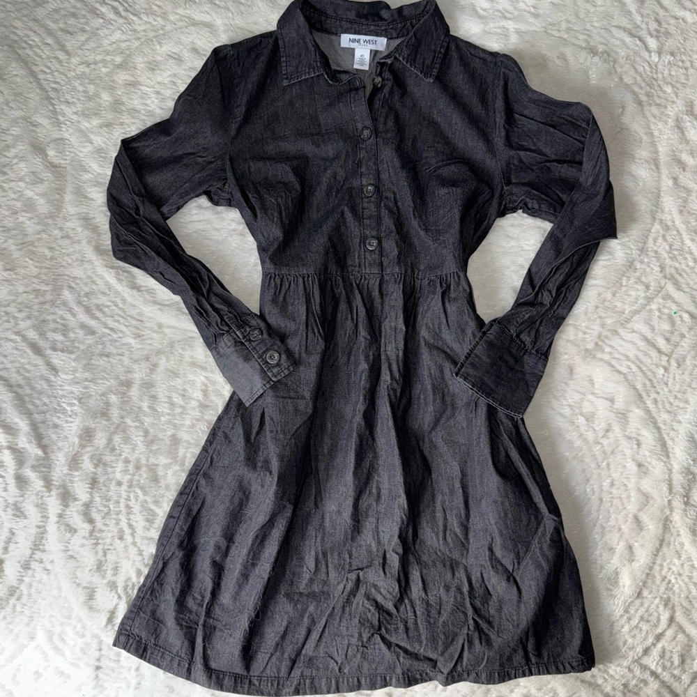 Nine West Charcoal denim Long Sleeve baby doll Dress xs